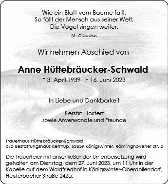 Erinnerungsbild für Anne Hüttebräucker-Schwald