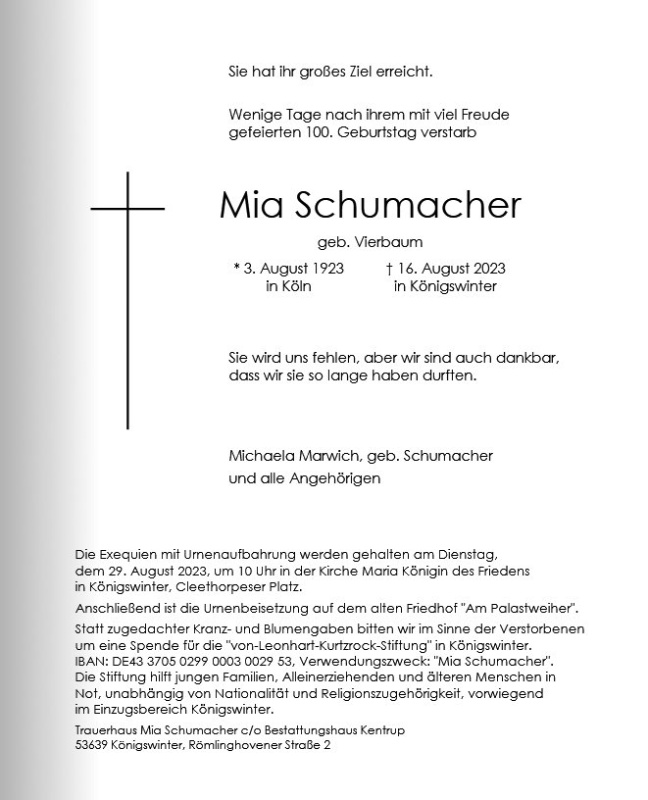Erinnerungsbild für Maria Schumacher